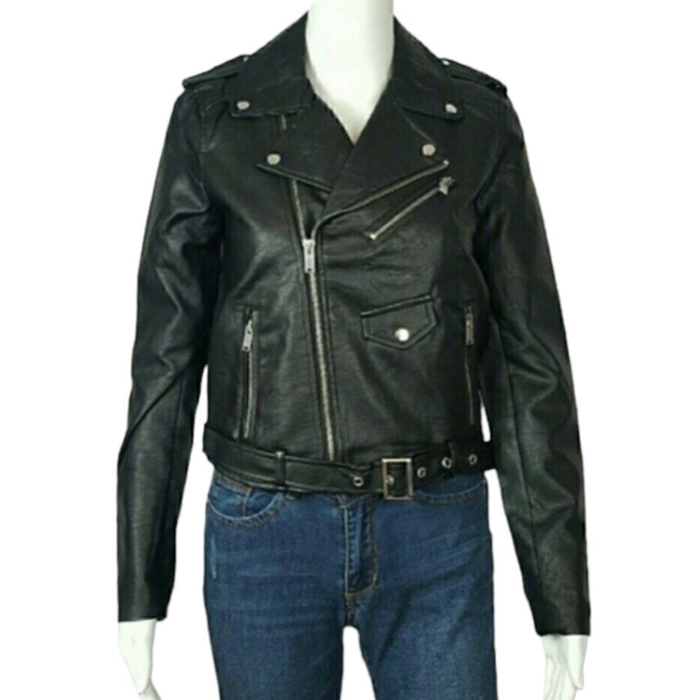 ‎Love Tree Women's Vegan Leather Motto Jacket Belted Black